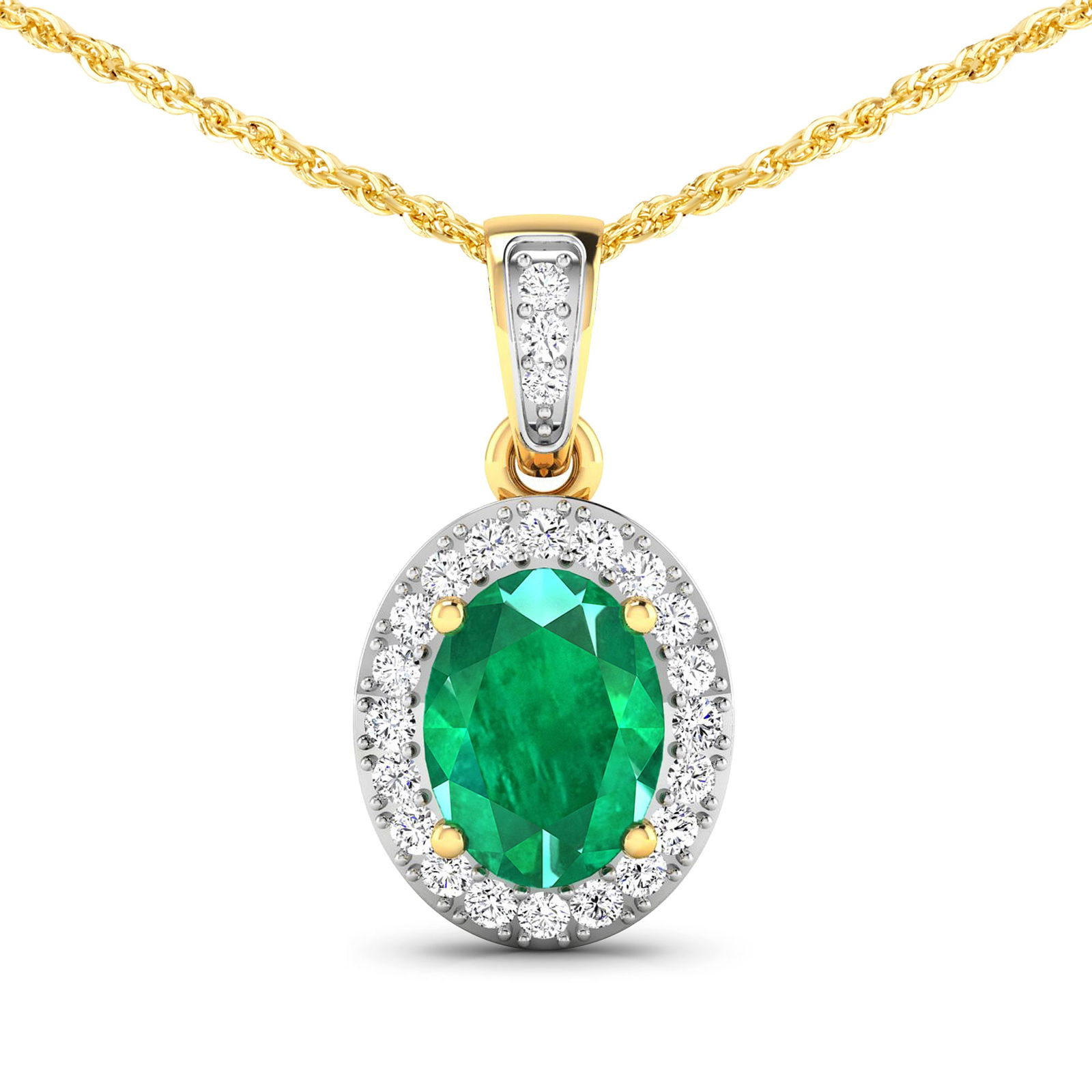 14KT Yellow Gold 1.00ct Zambian Emerald and Diamond Pendant with Chain (1 of 3)