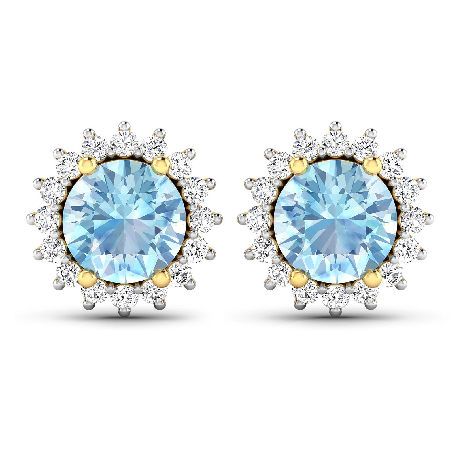 14KT Yellow Gold 1.3ctw Aquamarine and Diamond Earrings: Aquamarine (AA+) Round 6.00mm - 2Pcs + White Diamond F/C Round 1.30mm - 32Pcs ( Push-Post ) ( White Pan Rhodium ) ( I1-I2/I color ) Total weight of gemstones is 1.3cts. Total Diamond weight is 0.32cts