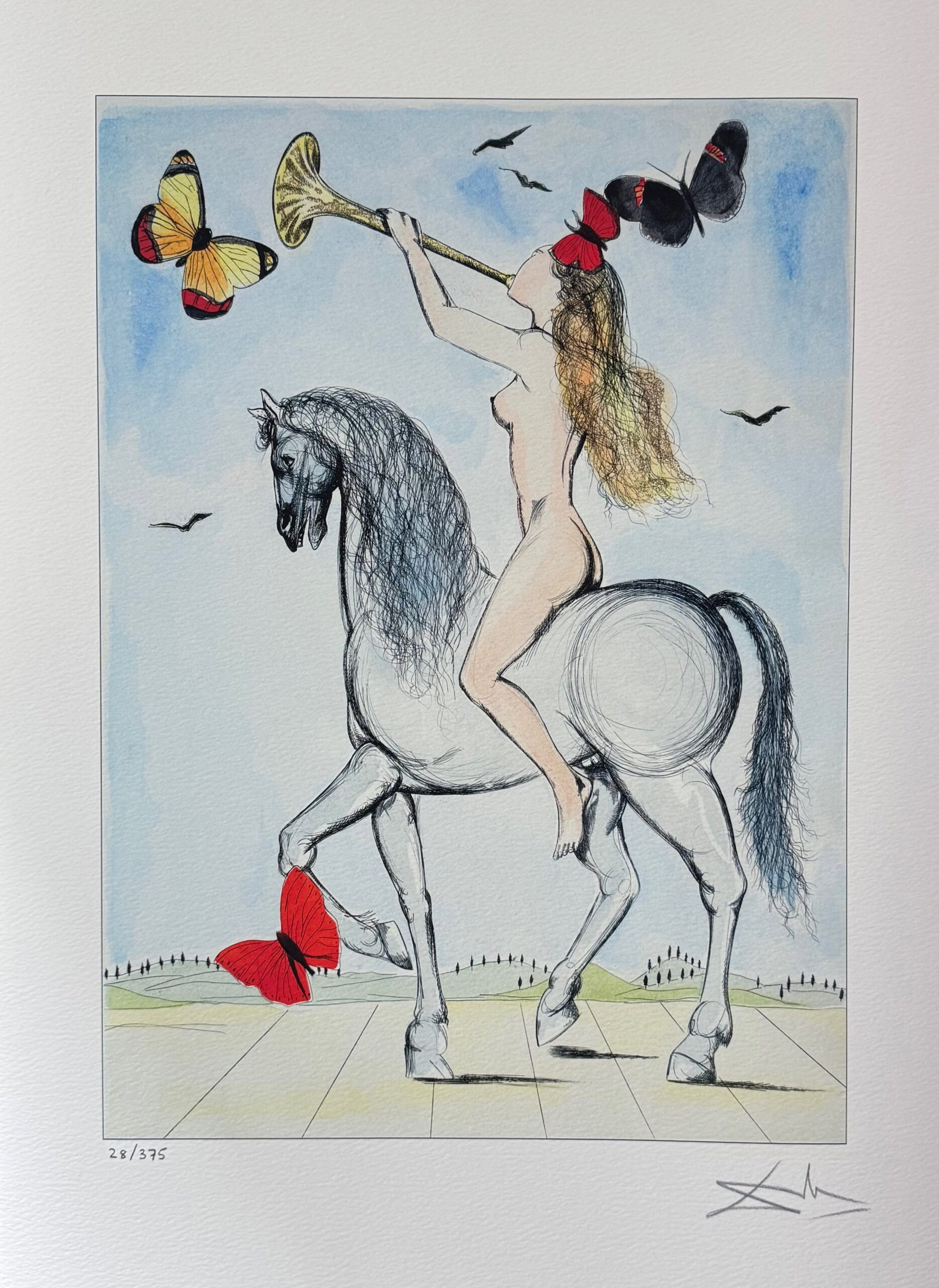 Salvador Dali LADY GODIVA Facsimile Signed & Numbered Giclee: This is a limited edition giclee titled Lady Godiva with Butterflies by Salvador Dali. This piece is facsimile signed on the lower right. Pencil numbered from an edition of 375. Paper measures 24 inch