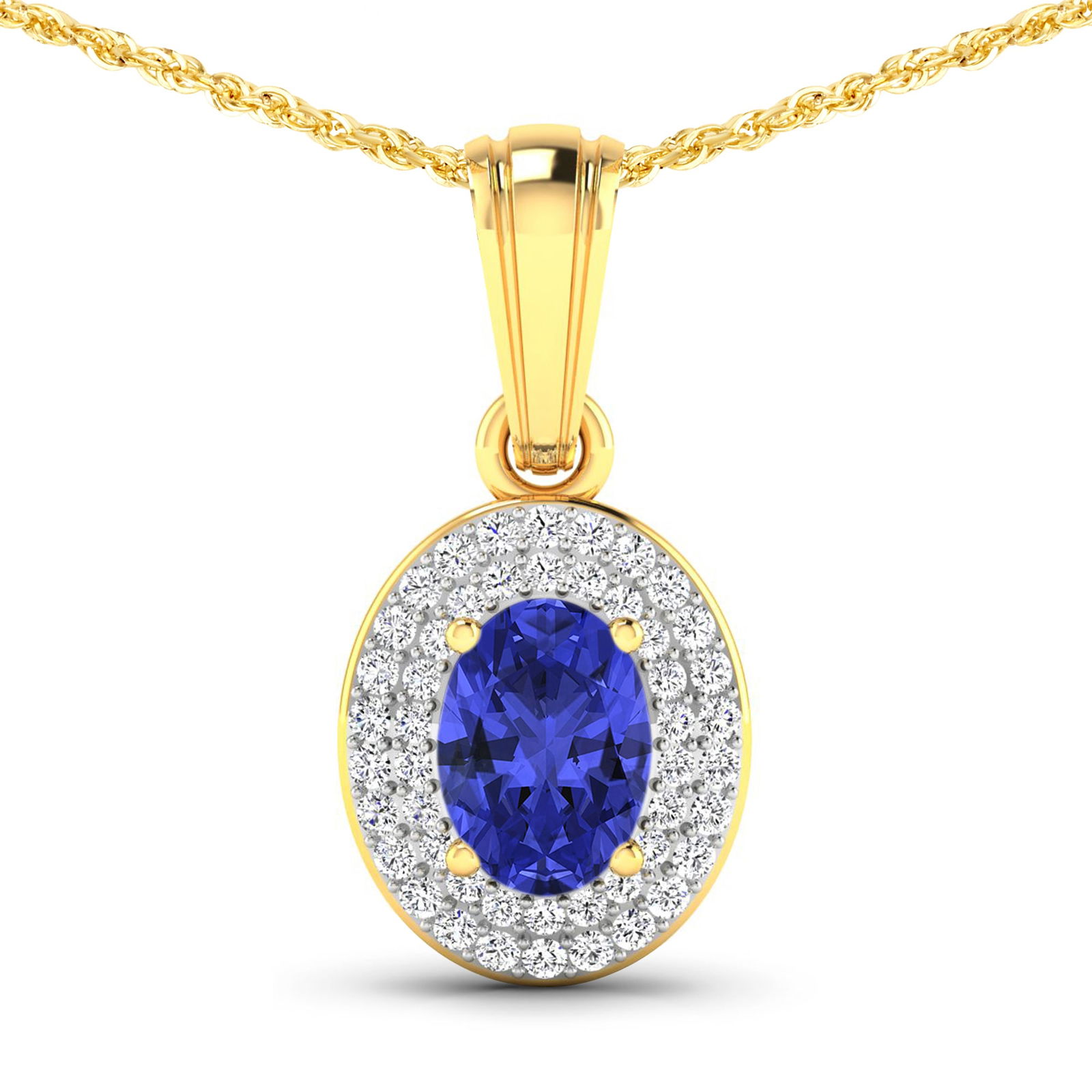 14KT Yellow Gold 0.62ctw Tanzanite and Diamond Pendant: Tanzanite (AA+) Oval 7x5mm - 1Pc + White Diamond F/C Round 0.90mm - 48Pcs ( I1-I2/I color ) Total weight of gemstone is 0.62cts. Total Diamond weight is 0.16cts. Total weight of this pendant is 1.42 g