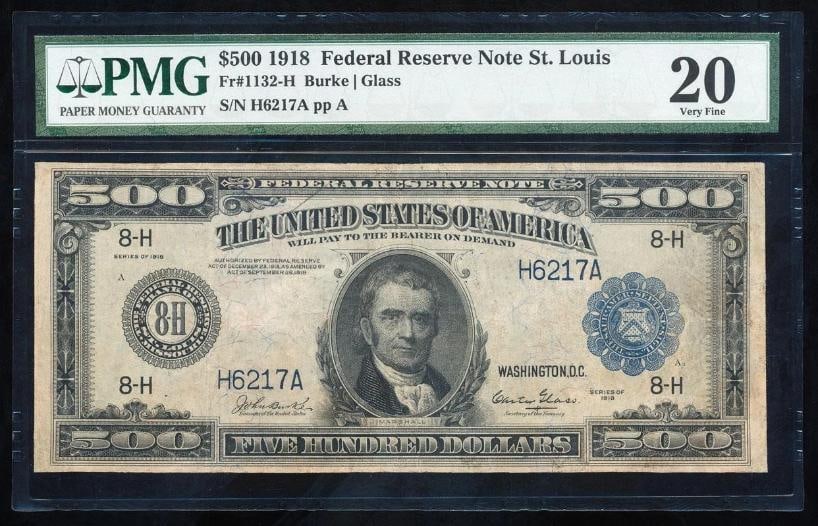 1918 $500 St Louis FRN PMG 20: One 1918 $500 St Louis FRN PMG 20.