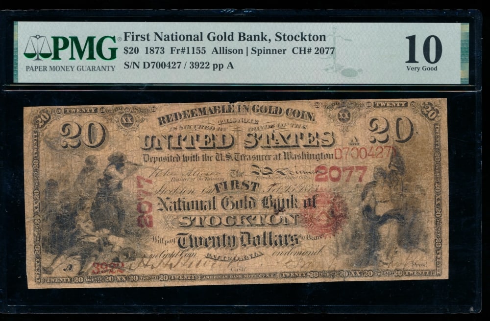 1873 $20 First National Bank Stockton PMG 10: One 1873 $20 First National Bank Stockton PMG 10.