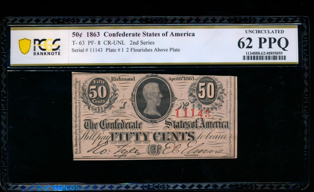 50 Cent 1863 T-63 Confederate PCGS 62PPQ: One 50 Cent 1863 T-63 Confederate PCGS 62PPQ.