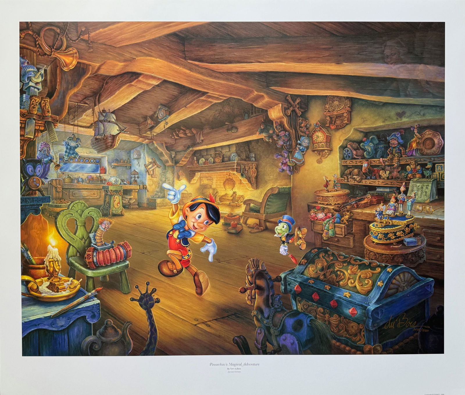 Tom duBois PINOCCHIO MAGICAL ADVENTURE Hand Signed Limited Edition Lithograph: This is a hand signed lithograph by Tom Dubois titled Pinocchios Magical Adventure. This piece was hand signed by Tom Dubois himself. Image measures 22 inches x 28 inches. Paper with border measures 2