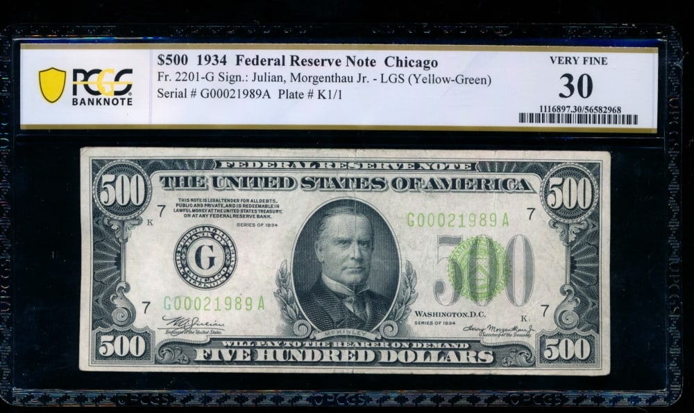 1934 $500 Chicago FRN PCGS 30: One 1934 $500 Chicago FRN PCGS 30.
