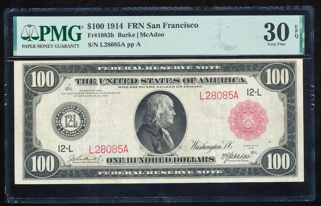 1914 $100 Red Seal San Francisco FRN PMG 30EPQ: One 1914 $100 Red Seal San Francisco FRN PMG 30EPQ.