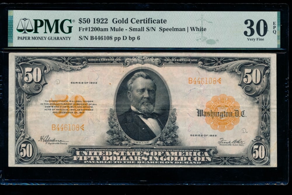 1922 $50 Mule Gold Certificate PMG 30EPQ: One 1922 $50 Mule Gold Certificate PMG 30EPQ.