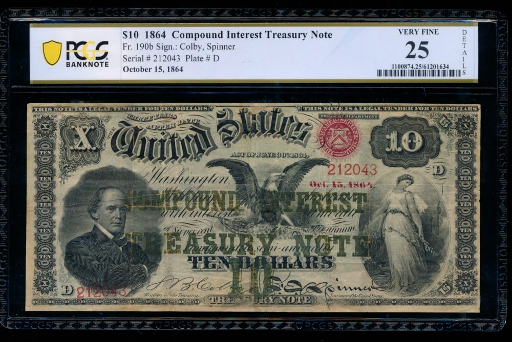 1864 $10 Compound Interest Treasury Note PCGS 25 (1 of 2)