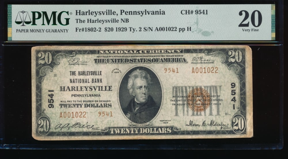 1929 $20 Harleysville PA National PMG 20: One 1929 $20 Harleysville PA National PMG 20.