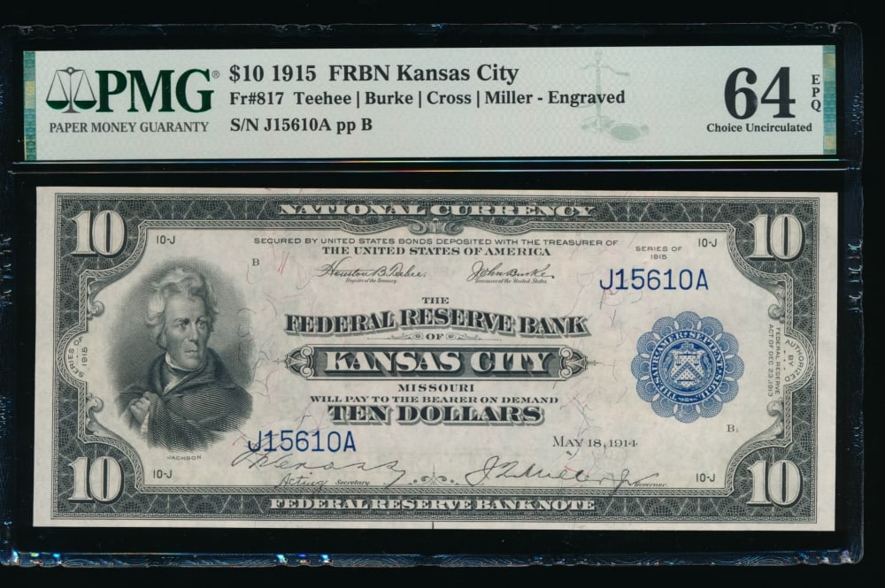1915 $10 Kansas City FRBN PMG 64EPQ: One 1915 $10 Kansas City FRBN PMG 64EPQ.
