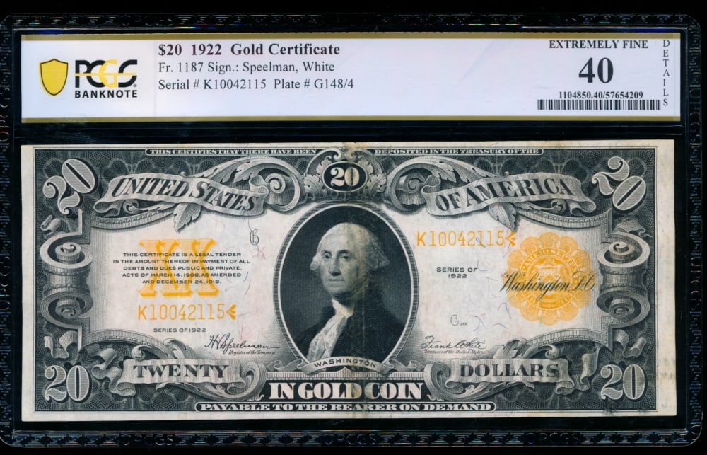1922 $20 Gold Certificate PCGS 40 (1 of 2)