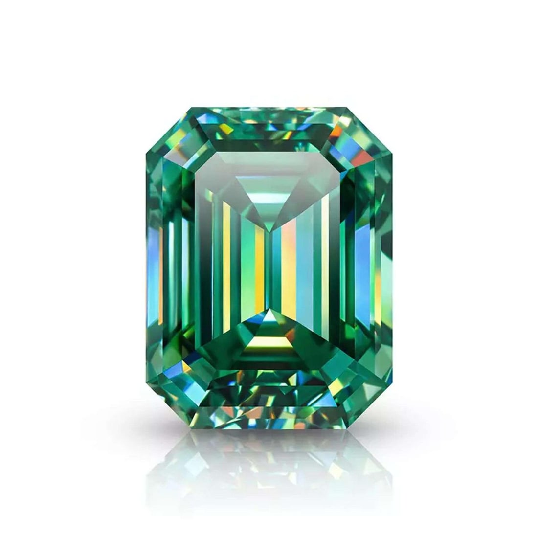 Large 5.35 Ct Green Emerald Cut Fire Moissanite Solitaire: Amazing 5.35 Ct VVs1 Green Golden Amber Emerald Cut Fire Moissanite Solitaire. This Fire Moissanite measures approx. 12.5 x 8.7 mm. and is near flawless and bursting out with a full spectrum of colors