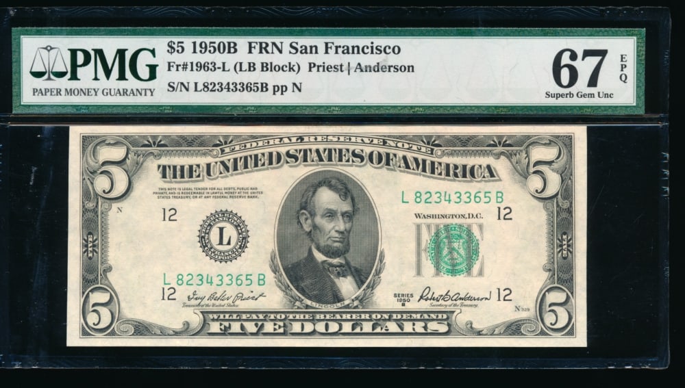 1950B $5 San Francisco FRN PMG 67EPQ: One 1950B $5 San Francisco FRN PMG 67EPQ.