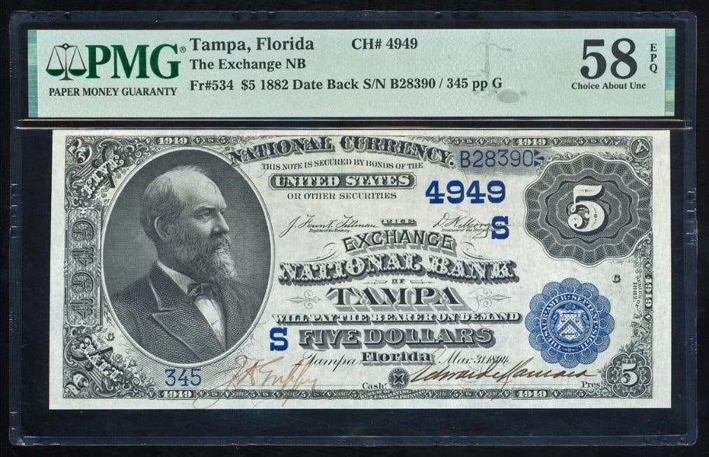 1882 $5 Tampa FL National PMG 58EPQ: One 1882 $5 Tampa FL National PMG 58EPQ.