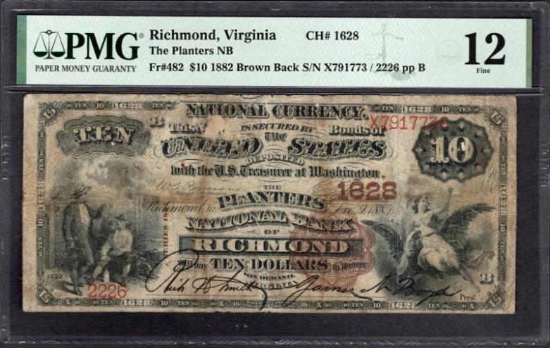 1882 $10 Richmond VA National PMG 12: One 1882 $10 Richmond VA National PMG 12.