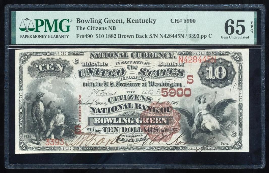 1882 $10 Bowling Green KY National PMG 65EPQ: One 1882 $10 Bowling Green KY National PMG 65EPQ.