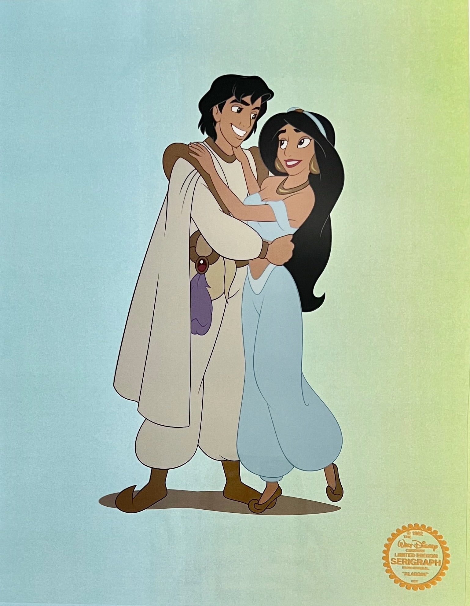 Disney Princess JASMINE & ALADDIN Limited Edition Sericel: This is a limited edition serigraph cel of Jasmine and Aladdin from the 1992 Walt Disney animated classic movie titled Aladdin. Disneys own artists have selected this scene from the original animation