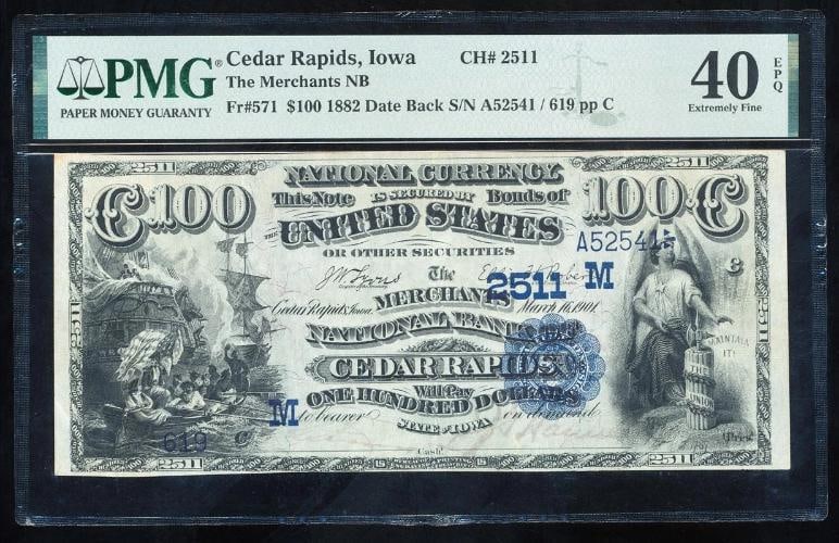 1882 $100 Cedar Rapis IA Date Back National PMG 40EPQ: One 1882 $100 Cedar Rapis IA Date Back National PMG 40EPQ.