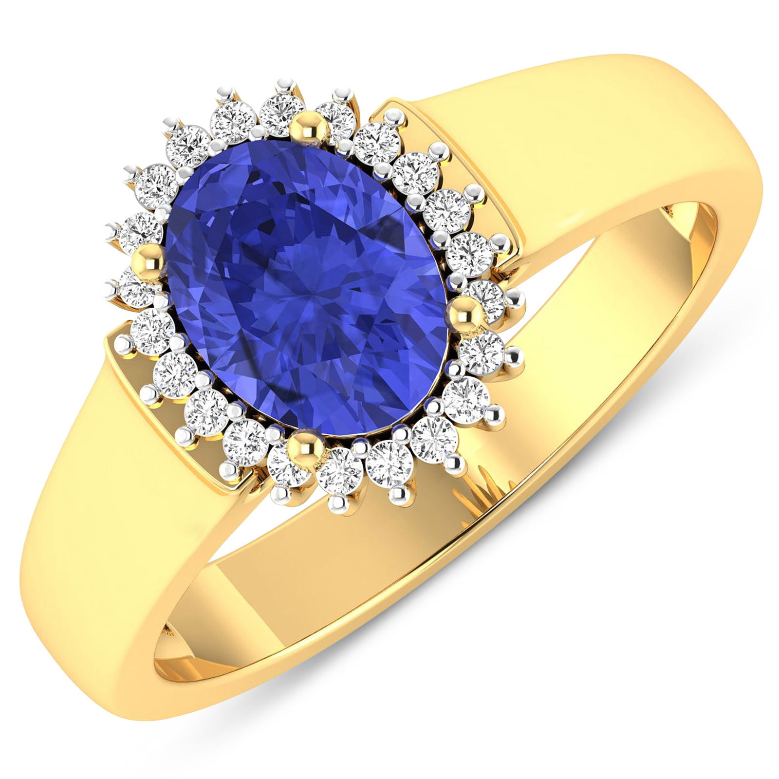 14KT Yellow Gold 1.09ct Tanzanite and Diamond Ring: Tanzanite (AA+) Oval 8x6mm - 1Pc + White Diamond F/C Round 1.00mm - 22Pcs ( White Pan Rhodium ) (I1-I2/I color). Total weight of gemstone is 1.09cts. Total weight of Diamonds is 0.1cts. Total weight o