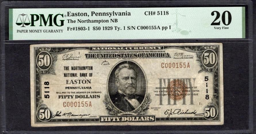 1929 $50 Easton PA National PMG 20: One 1929 $50 Easton PA National PMG 20.