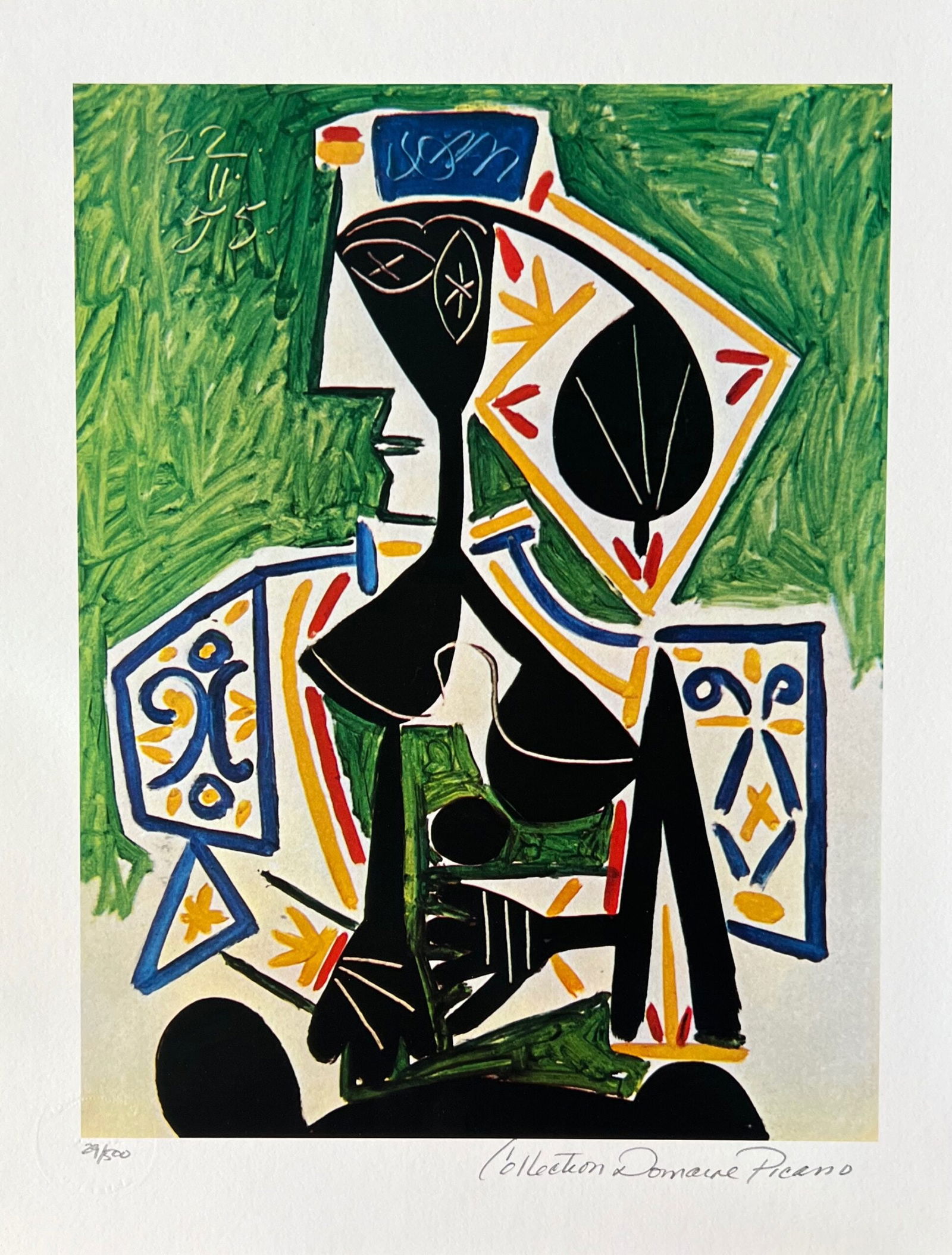 Pablo Picasso WOMAN IN GREEN Estate Signed Limited Edition Giclee: This is a PABLO PICASSO (ESTATE COLLECTION DOMAINE) (1881-1973) giclee titled Woman in Green. This piece is pencil signed on the lower right as Collection Domaine Picasso and has an embossed seal stam