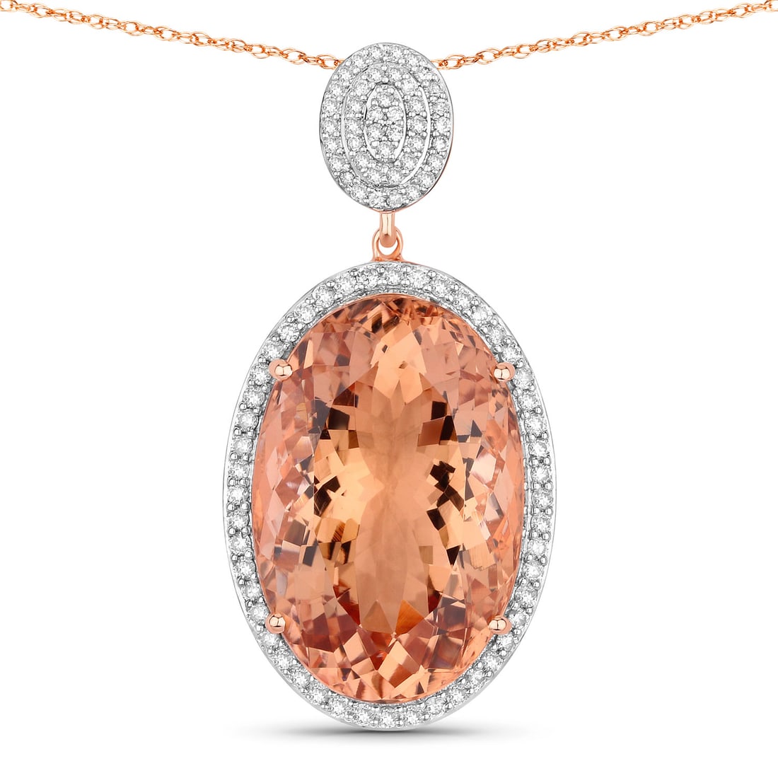 14KT Rose Gold 23.83ct Morganite and Diamond Pendant with Chain: Exquisite halo pendant, crafted in luminous 14K rose gold and showcasing a breathtaking natural morganite centerpiece. The oval-cut morganite, measuring an impressive 23.17 x 15.44 mm and weighing 23.