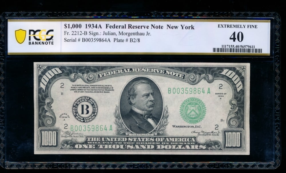 1934A $1000 New York FRN PCGS 40: One 1934A $1000 New York FRN PCGS 40.