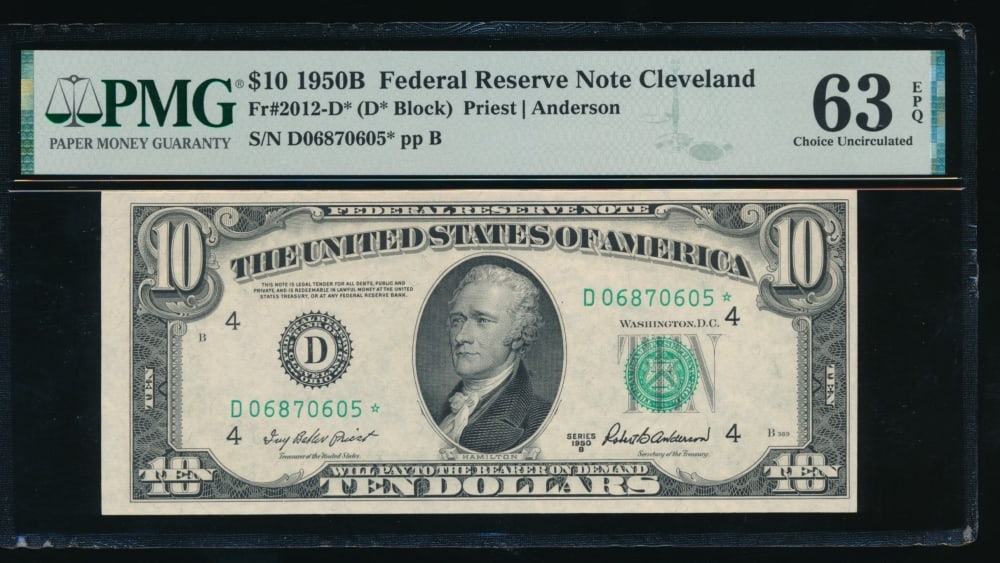 1950B $10 STAR Cleveland FRN PMG 63EPQ: One 1950B $10 STAR Cleveland FRN PMG 63EPQ.