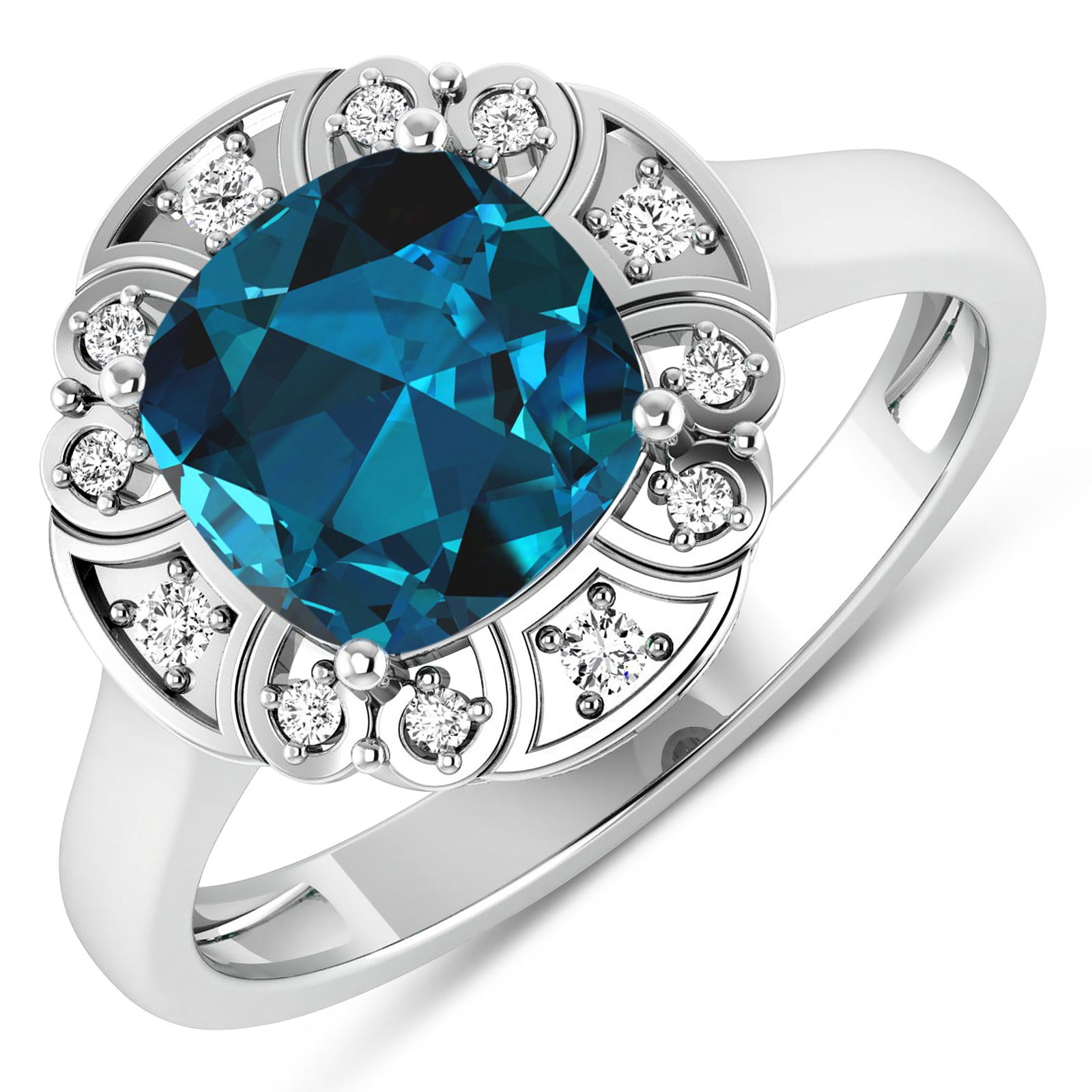 14KT White Gold 2.15ctw London Blue Topaz and Diamond Ring: London Blue Topaz Cushion 8.00mm - 1Pc + White Diamond F/C Round 1.50mm - 4Pcs + White Diamond F/C Round 1.00mm - 8Pcs ( SI-2/HI ) Total weight of gemstone is 2.15cts. Total Diamond weight is 0.09cts.