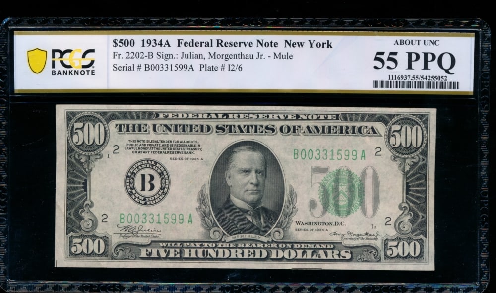 1934A $500 New York FRN PCGS 55PPQ: One 1934A $500 New York FRN PCGS 55PPQ.