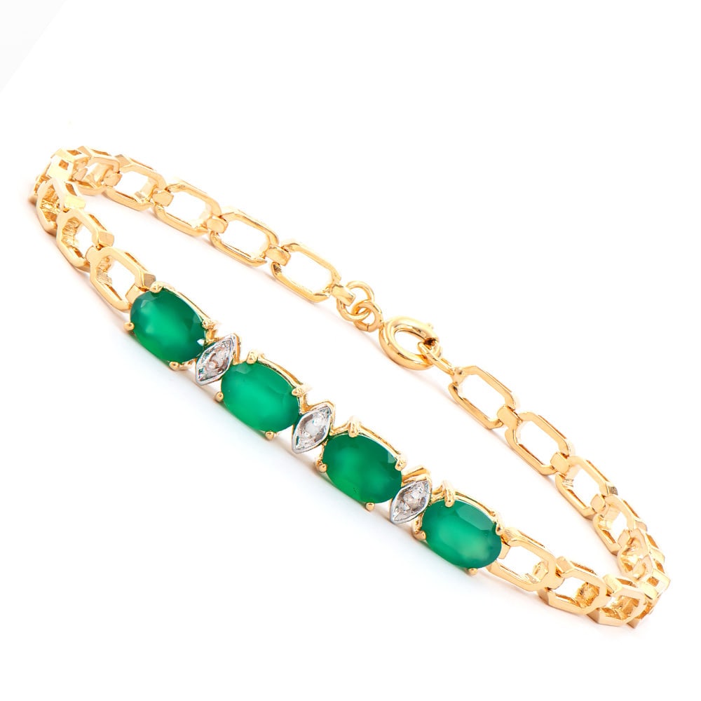 Plated 18KT Yellow Gold 3.00ctw Green Agate and Diamond Bracelet: One Plated 18KT Yellow Gold 3.00ctw Green Agate and Diamond Bracelet. (4) Green Agate stones with a total weight of 3.00cts. (3) Diamonds with a total weight of 0.025cts with a color of I-J and clarit