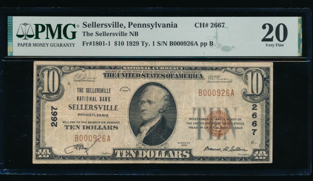 1929 $10 Sellersville PA National PMG 20: One 1929 $10 Sellersville PA National PMG 20.