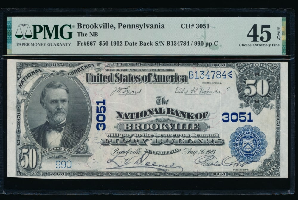 1902 $50 Brookville PA National PMG 45EPQ: One 1902 $50 Brookville PA National PMG 45EPQ.