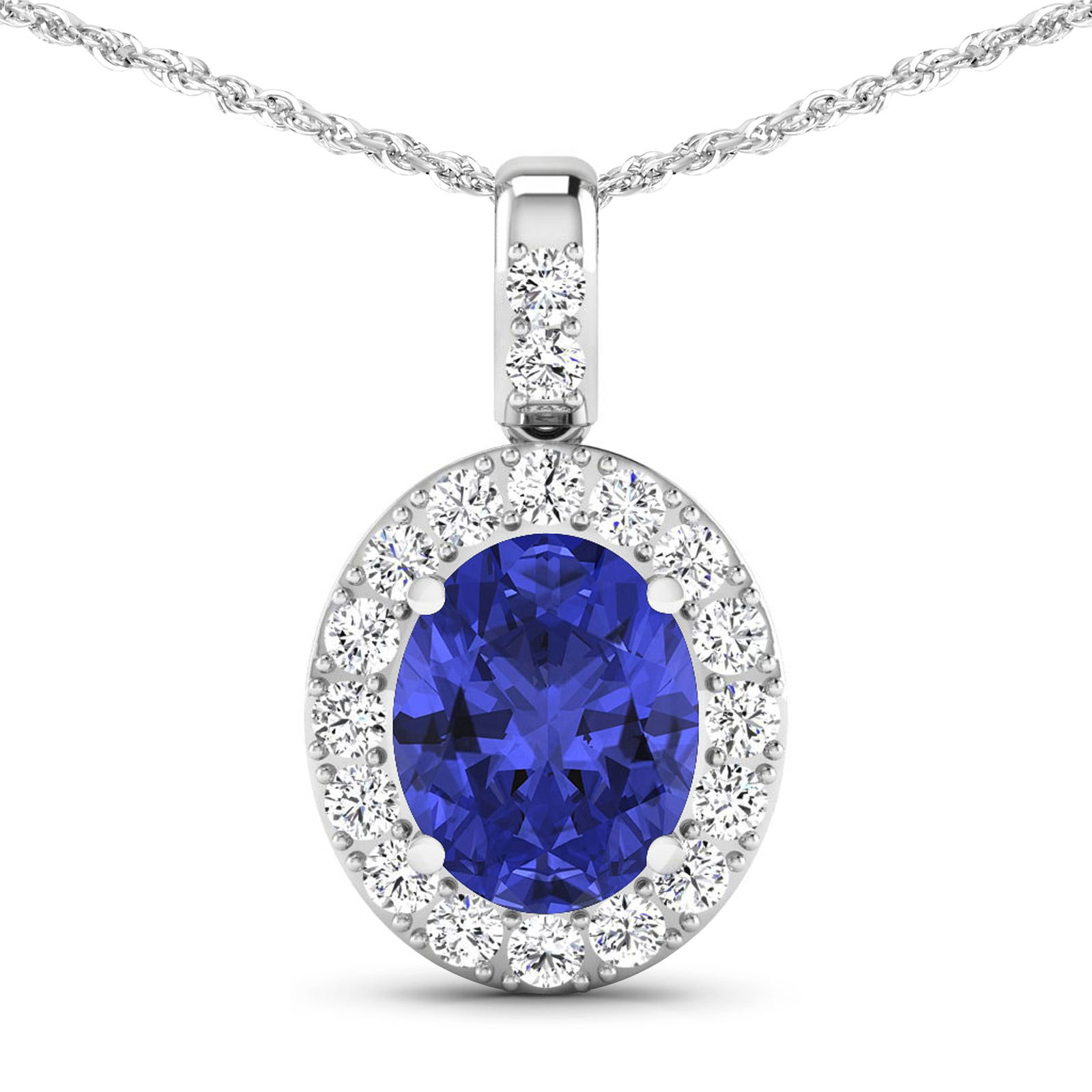 14KT White Gold 2.5ctw Tanzanite and Diamond Pendant: Tanzanite (AA+) Oval 10x8mm - 1Pc + White Diamond F/C Round 2.00mm - 18Pcs ( Diamond Quality : SI-2/HI ) Total weight of gemstone is 2.5cts. Total Diamond weight is 0.54cts. Total weight of this penda