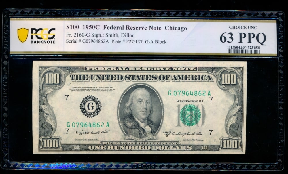 1950C $100 Chicago FRN PCGS 63PPQ: One 1950C $100 Chicago FRN PCGS 63PPQ.