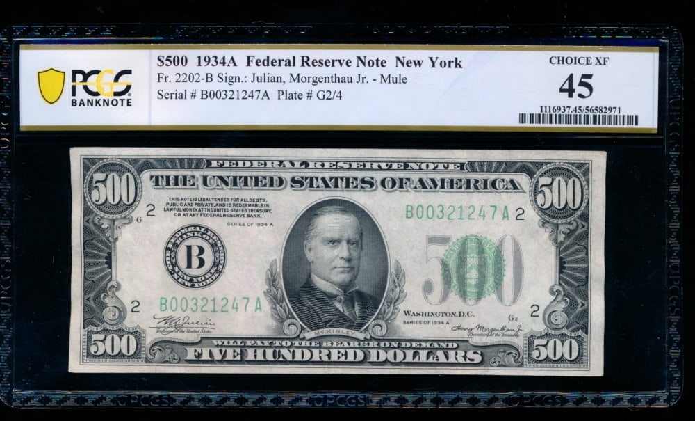 1934A $500 New York FRN PCGS 45: One 1934A $500 New York FRN PCGS 45.