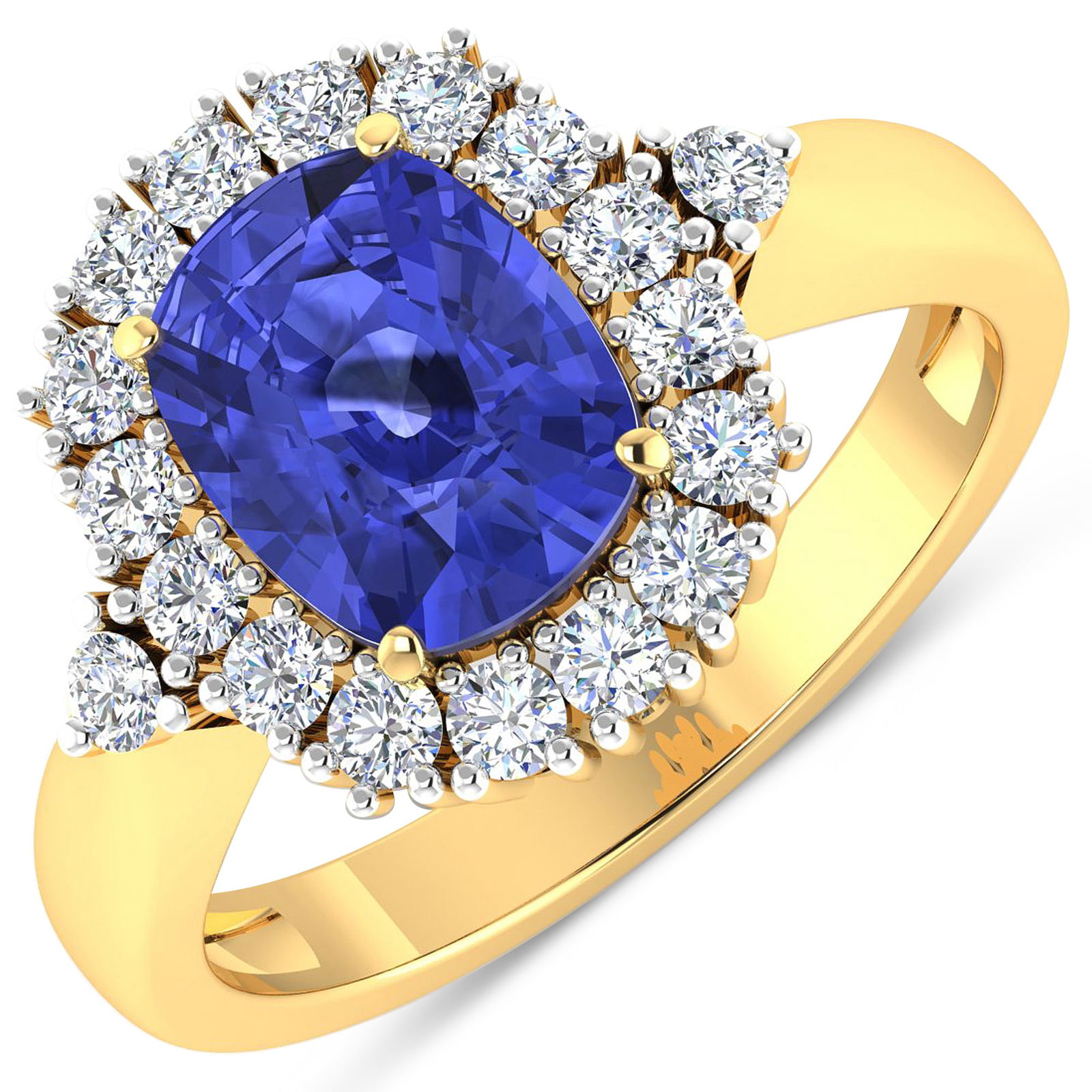 14KT Yellow Gold 2.02ct Tanzanite and Diamond Ring: Tanzanite (AA+) Cushion 9x7mm - 1Pc + White Diamond F/C Round 2.00mm - 18Pcs ( White Pan Rhodium ) ( Diamond Quality : SI-2/HI ). Total weight of gemstone is 2.02cts. Total weight of Diamonds is 0.54c
