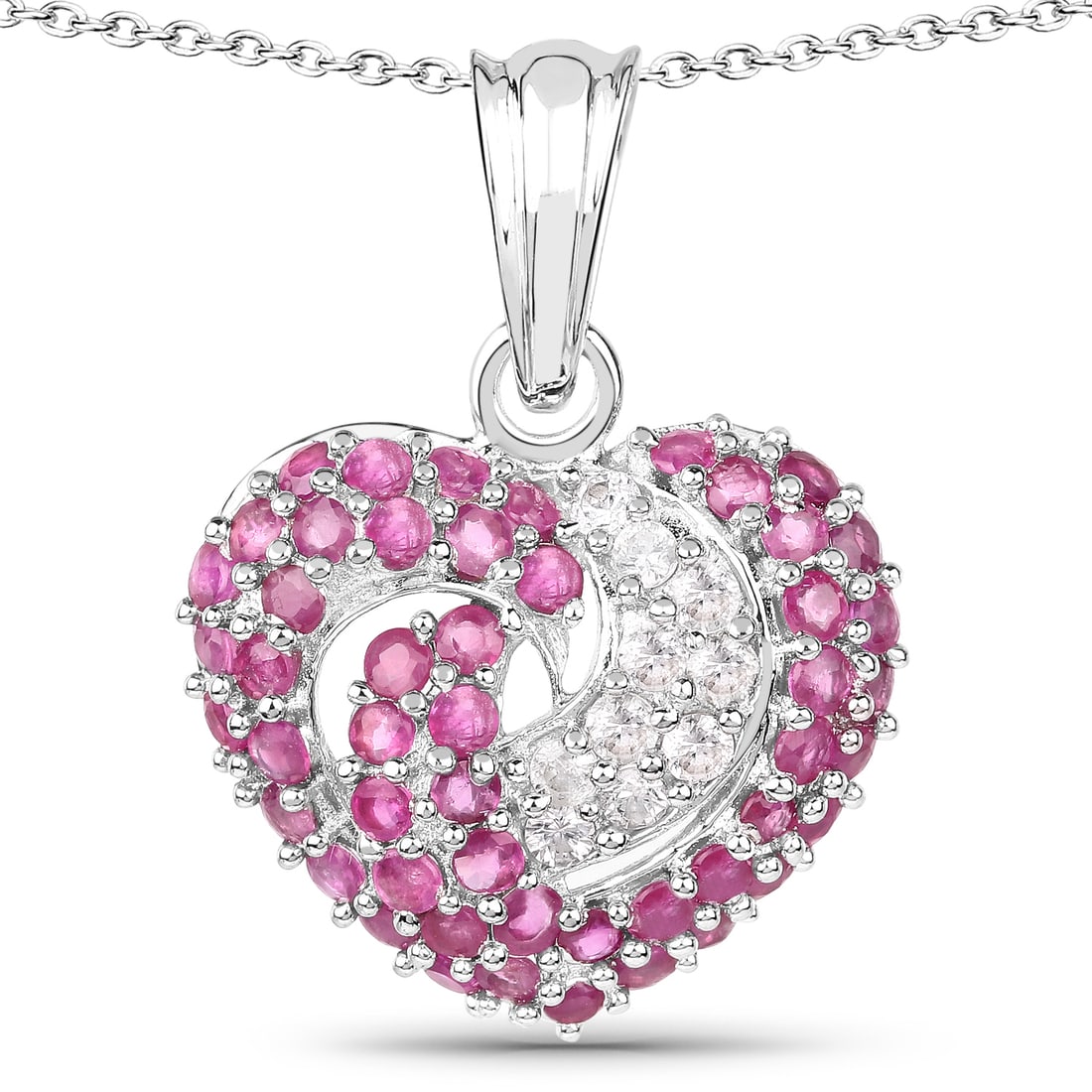 Plated Rhodium 2.65ctw Ruby and White Sapphire Pendant with Chain: 2.65 Carat Genuine Ruby & White Sapphire.925 Sterling Silver Pendant. Ruby Round/1.90-2.00mm - 50/2.25 ctw Natural Heat Treated F + White Sapphire Round/1.90mm - 10/0.50 ctw Natural Heat Treated E. To