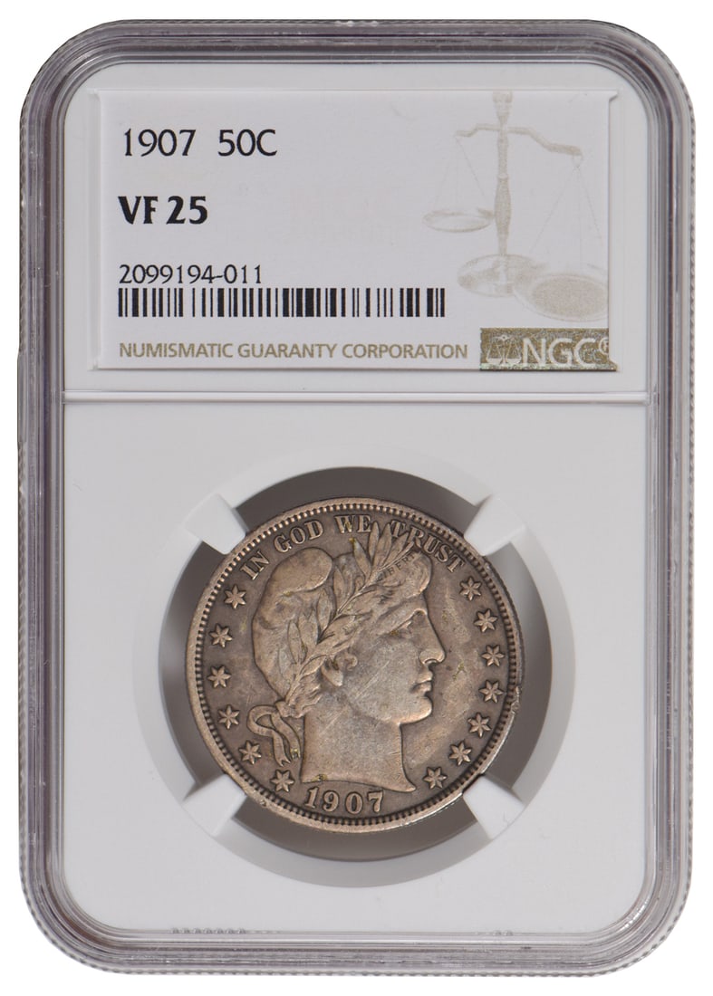 1907 Barber Half Dollar NGC VF25: One 1907 Barber Half Dollar NGC VF25.