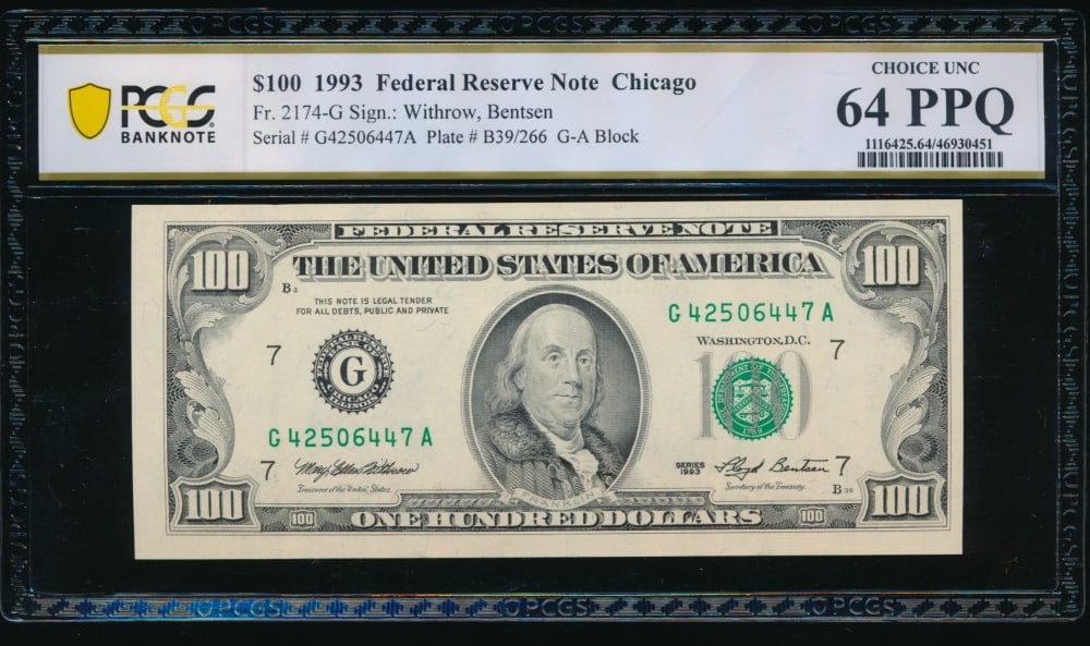 1993 $100 Chicago FRN PCGS 64PPQ: One 1993 $100 Chicago FRN PCGS 64PPQ.
