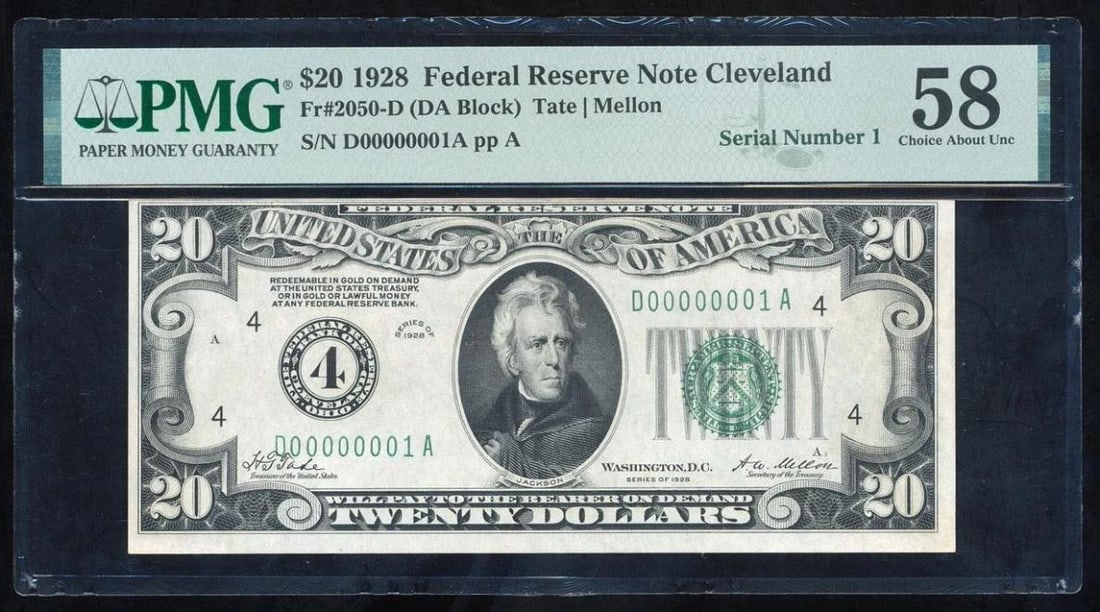 1928 $20 Serial 1 Cleveland FRN PMG 58: One 1928 $20 Serial 1 Cleveland FRN PMG 58.