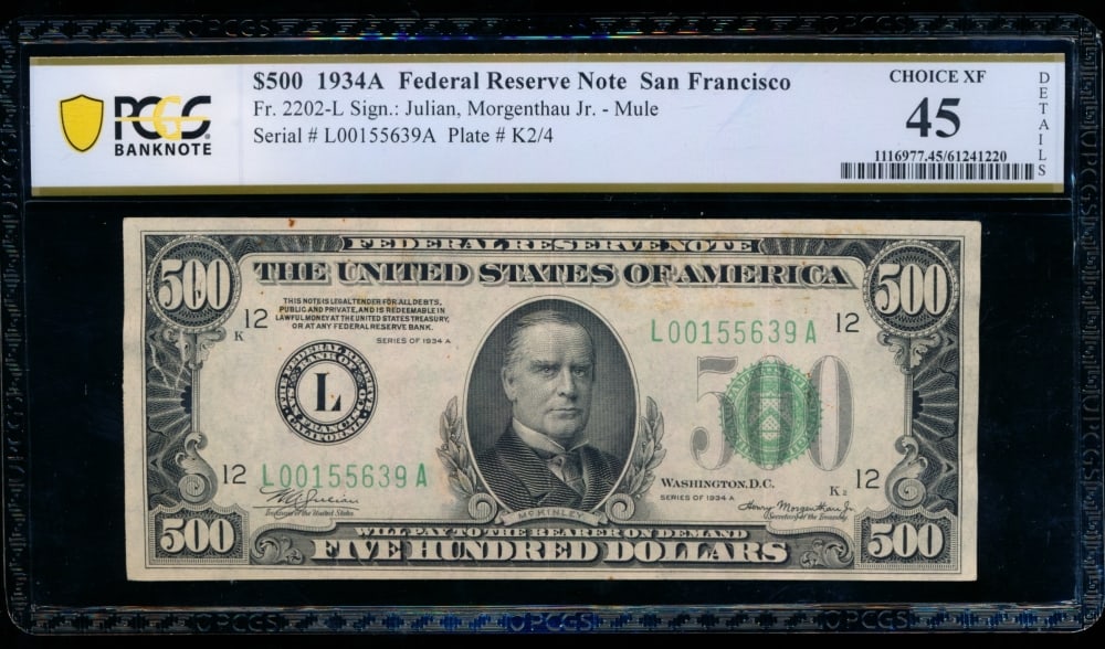 1934A $500 San Francisco FRN PCGS 45: One 1934A $500 San Francisco FRN PCGS 45.