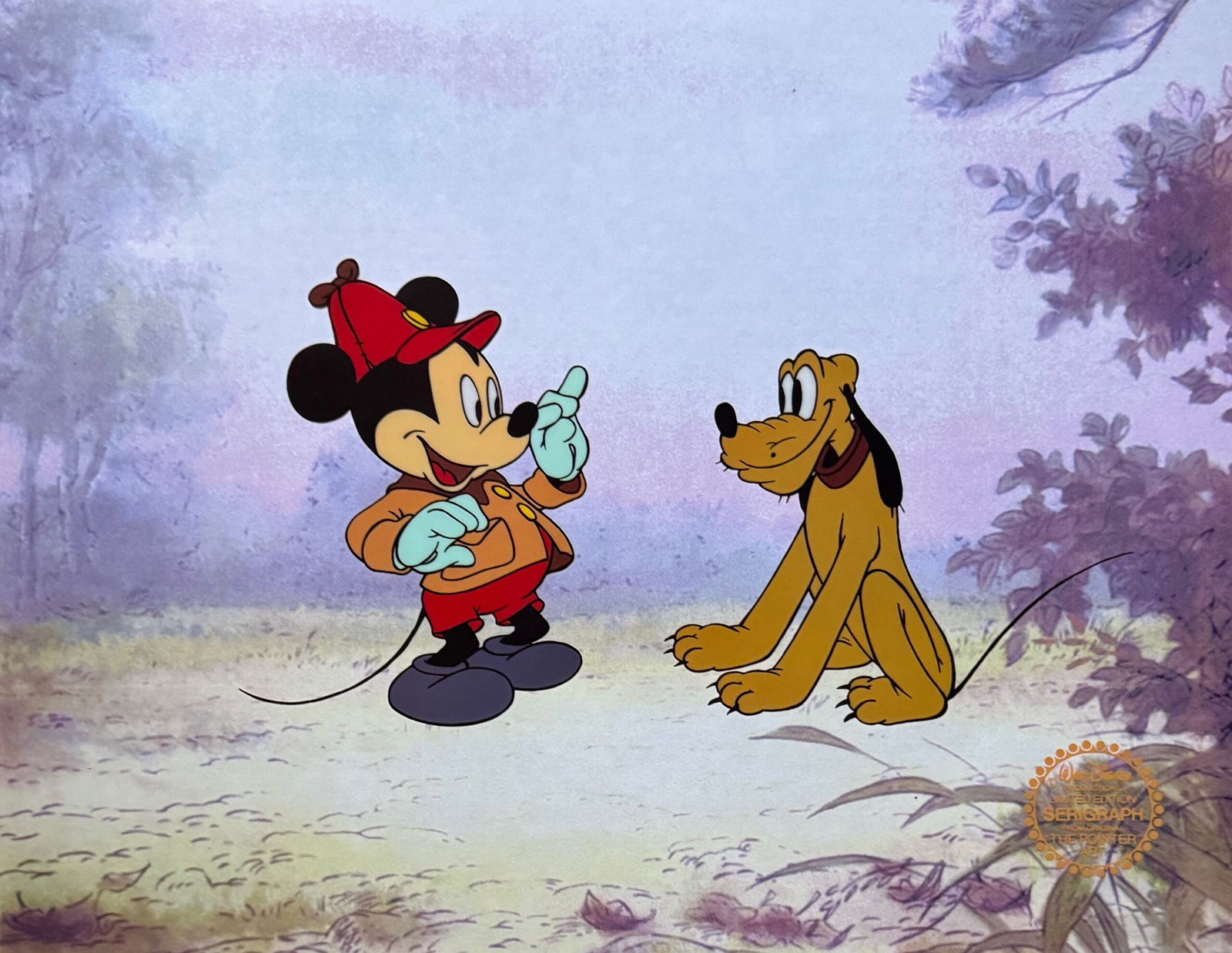 Disney Mickey Mouse Pluto THE POINTER Limited Edition Sericel Animation Art Cel: This is a GENUINE Limited Edition Serigraph Cel of Mickey Mouse & Pluto. From 1939 Walt Disney Studios – THE POINTER. Disneys own artists have selected this scene from the ORIGINAL animation drawing