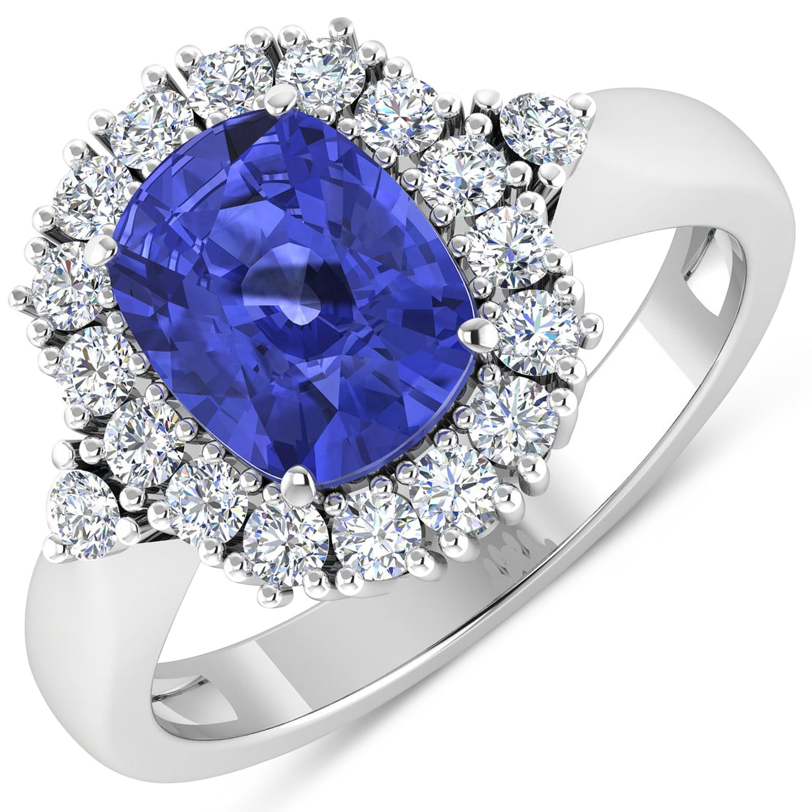 14KT White Gold 2.02ct Tanzanite and Diamond Ring: Tanzanite (AA+) Cushion 9x7mm - 1Pc + White Diamond F/C Round 2.00mm - 18Pcs ( Diamond Quality : SI-2/HI ). Total weight of gemstone is 2.02cts. Total weight of Diamonds is 0.54cts. Total weight of th