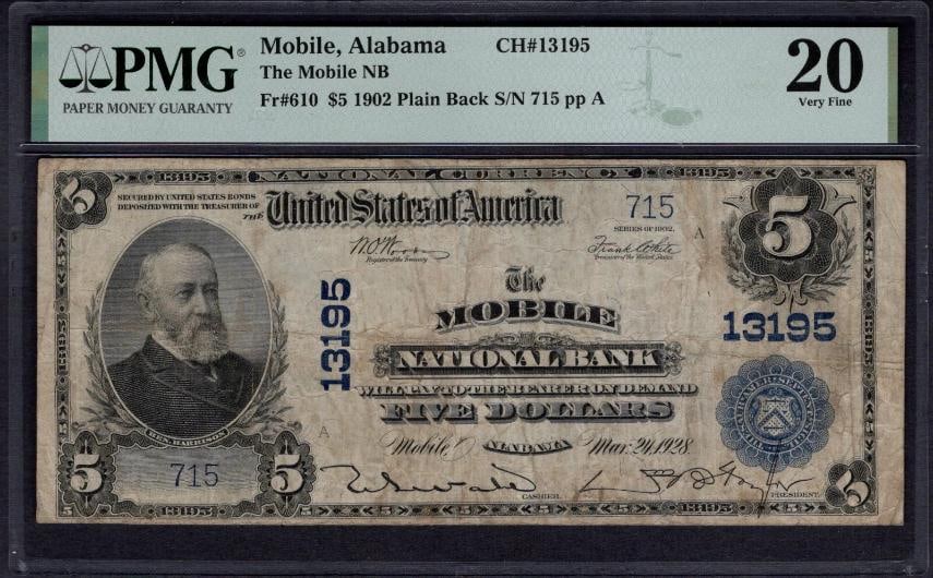 1902 $5 Mobile AL National PMG 20: One 1902 $5 Mobile AL National PMG 20.