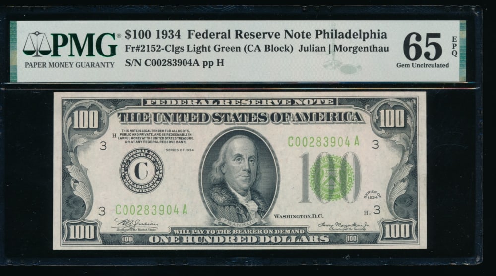1934 $100 Philadelphia FRN PMG 65EPQ: One 1934 $100 Philadelphia FRN PMG 65EPQ.