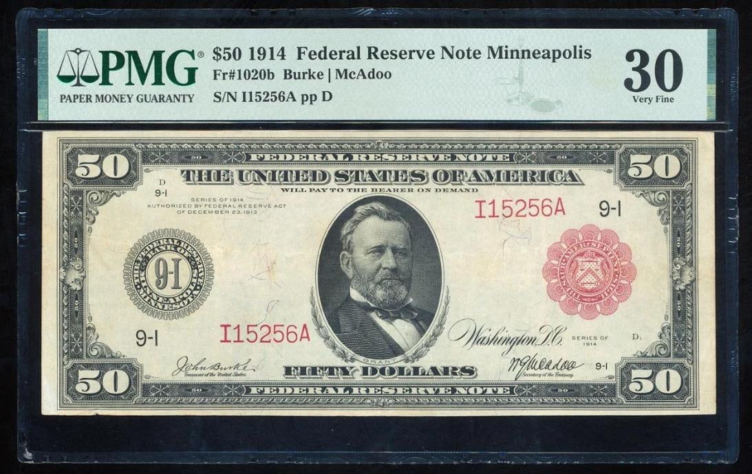 1914 $50 Red Seal Minneapolis FRN PMG 30: One 1914 $50 Red Seal Minneapolis FRN PMG 30.