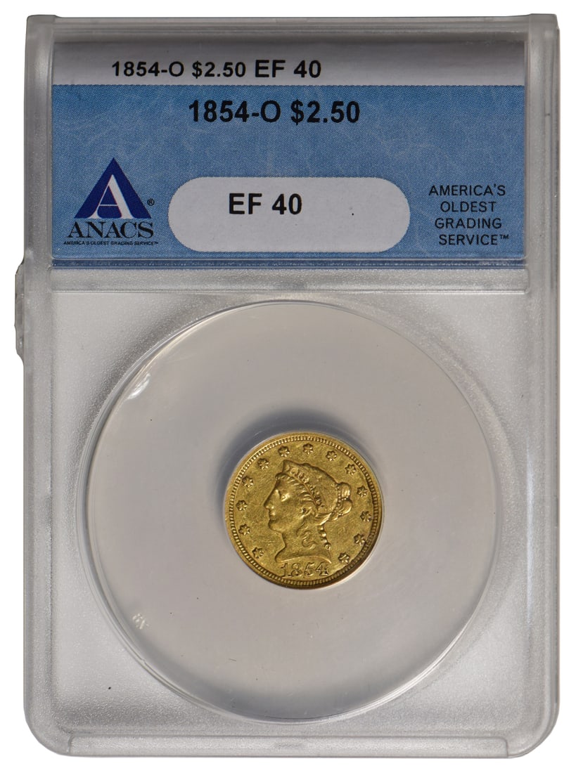 1854-O $2.5 Liberty Quarter Eagle Gold Coin ANACS EF40: One 1854-O $2.5 Liberty Quarter Eagle Gold Coin ANACS EF40.