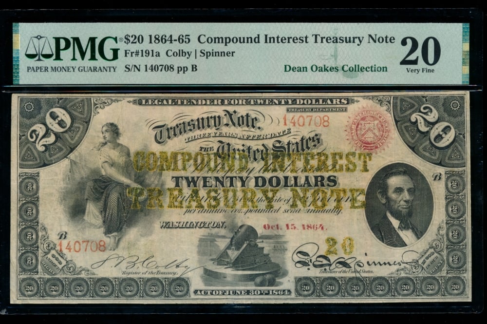 1864-65 $20 Compound Interest Treasury Note PMG 20: One 1864-65 $20 Compound Interest Treasury Note PMG 20.