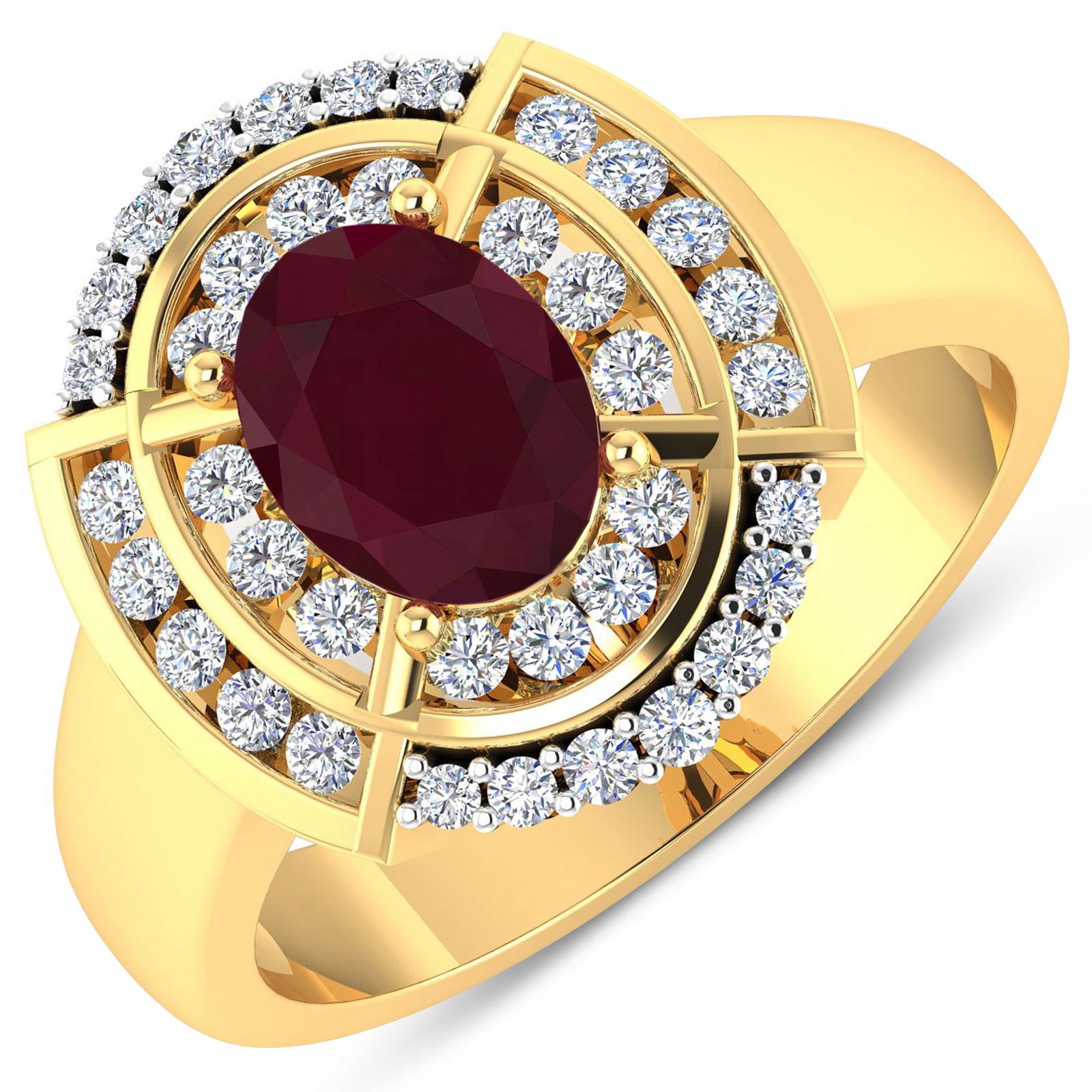 14KT Yellow Gold 1.5ct Ruby and Diamond Ring: Ruby (AA) Oval 8x6mm - 1Pc + White Diamond F/C Round 1.50-1.60mm - 24Pcs + White Diamond F/C Round 1.20mm - 14Pcs ( White Pan Rhodium ) (I1-I2/I color). Total weight of gemstone is 1.5cts. Total
